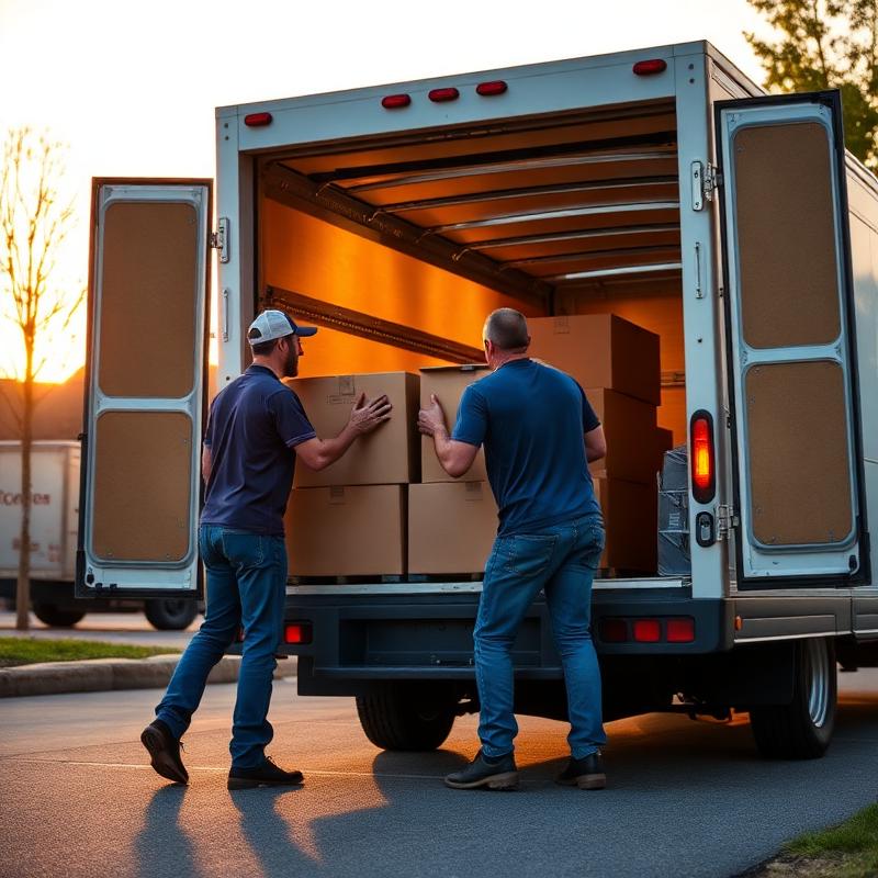 Movers loading truck at sunset